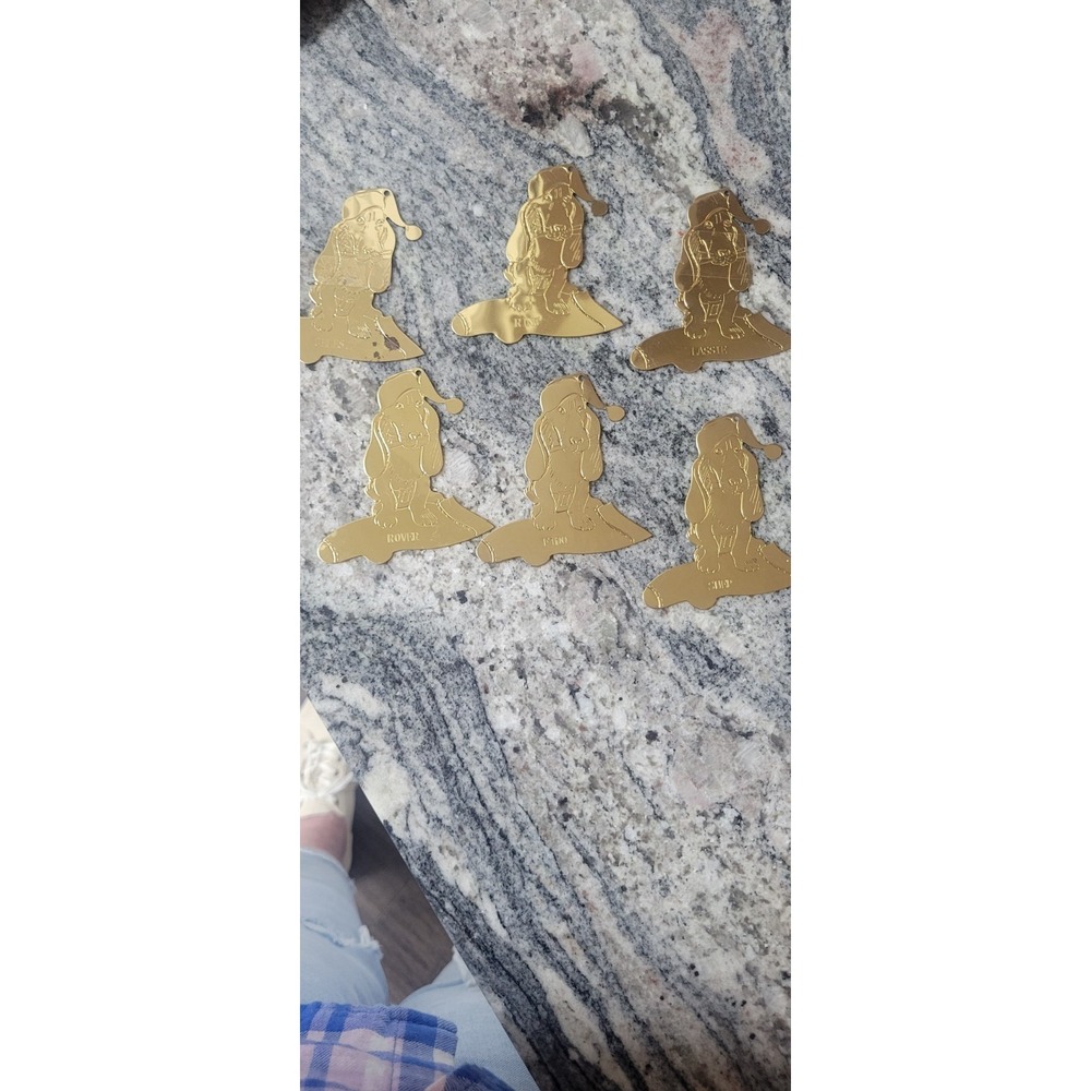 LILLIAN VERNON GOLD ETCHED BEAGLE DOG CHRISTMAS ORNAMENTs Vintage Set/6